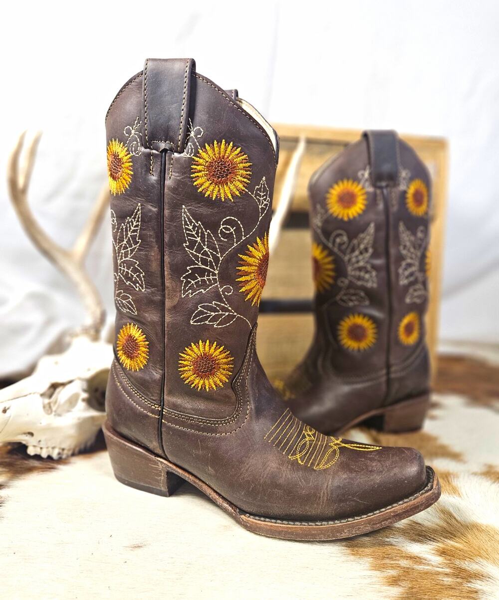 Sunflower Embroidered Leather Cowgirl Boots Womens 7.5 Mex 24.5 W/ Box